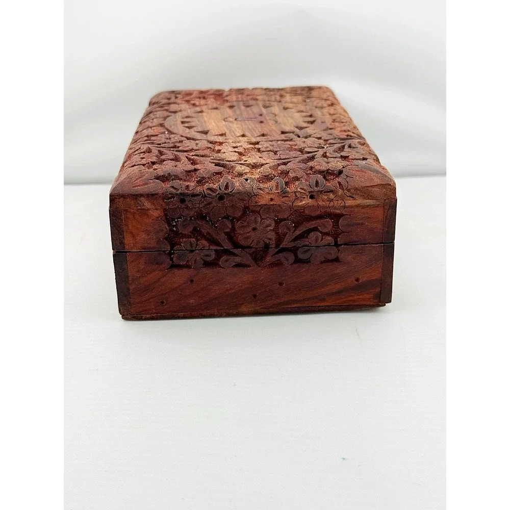 Vintage 1990's Wooden Jewelry Box Featuring A Sun & Floral Design.
